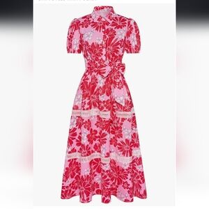 Grace Karin Pink and Red Floral Midi Dress With Pockets And Bow Tie Waist NWT